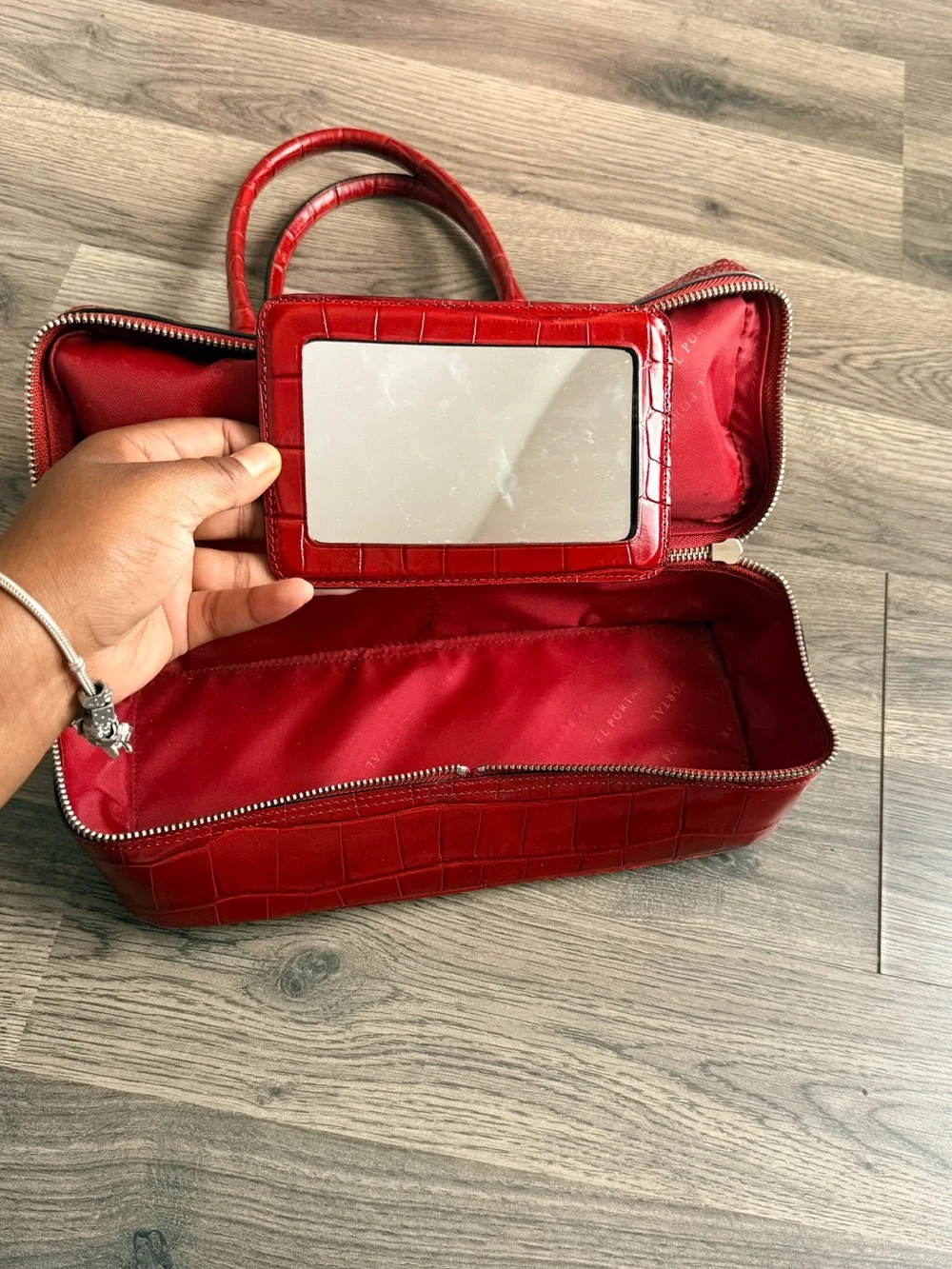 Red Croc-Embossed Structured Satchel Handbag